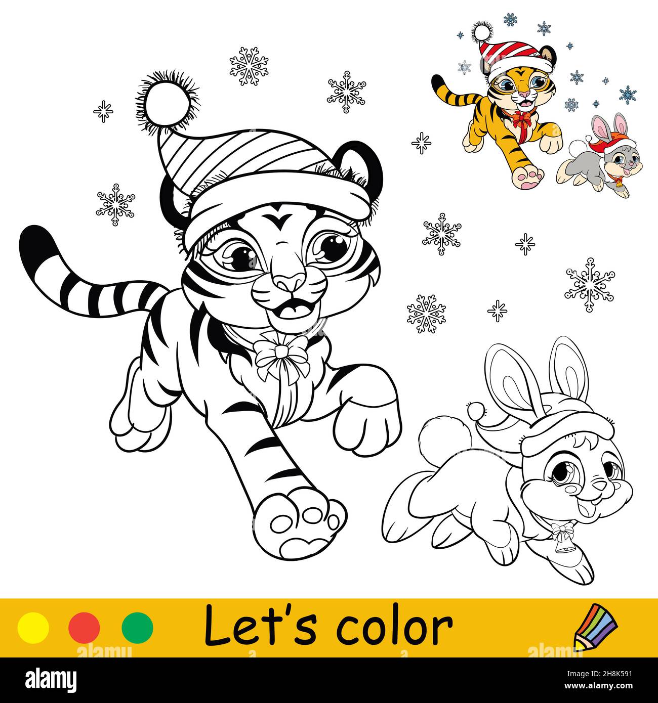 Coloring page with cute Christmas tiger cub runs with rabbit. Cartoon character. Coloring book with colored exemple. Outline vector illustration. For Stock Vector