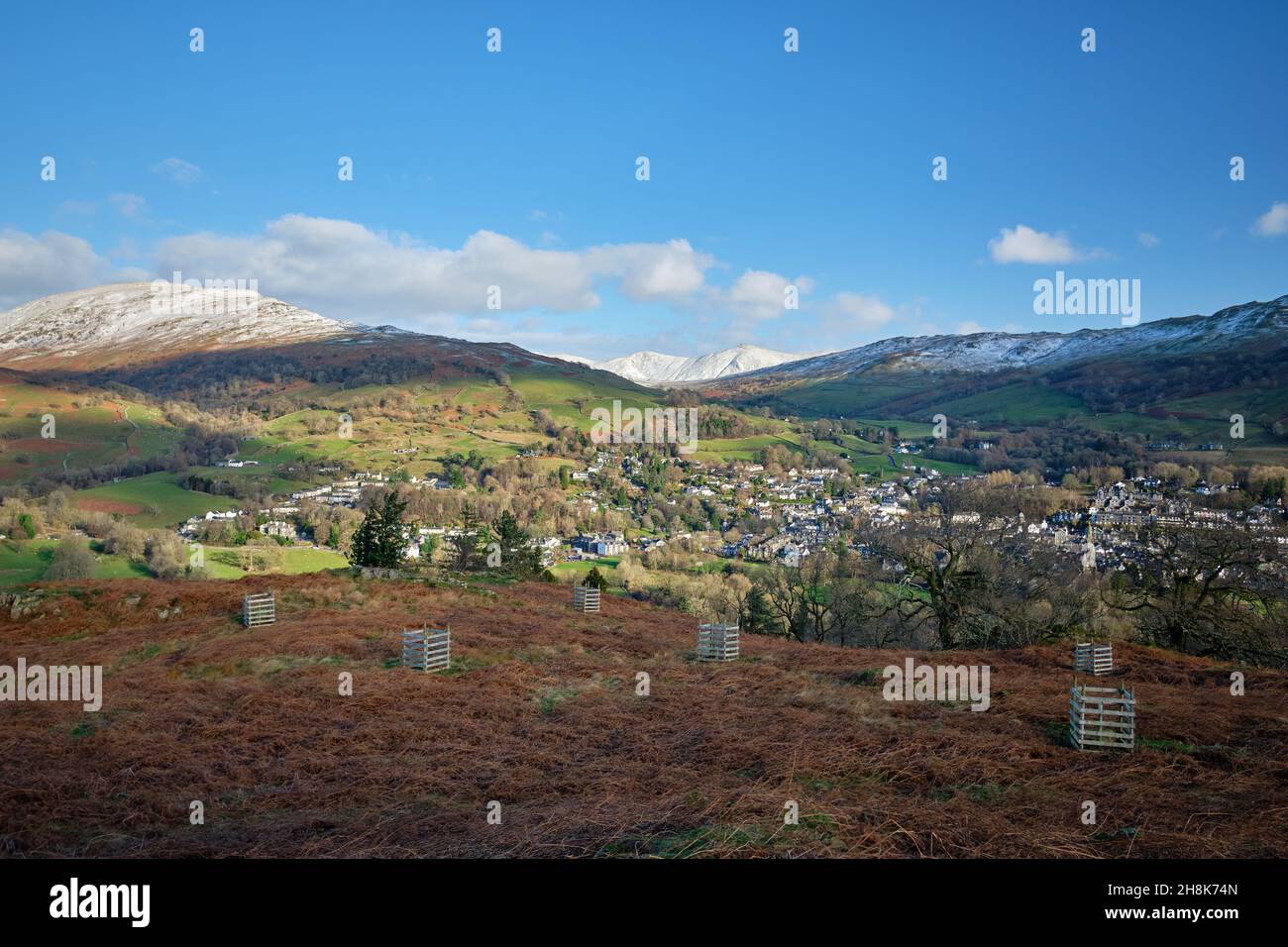 A dusting of snow on the fells above Ambleside, Lake District, UK Stock Photo