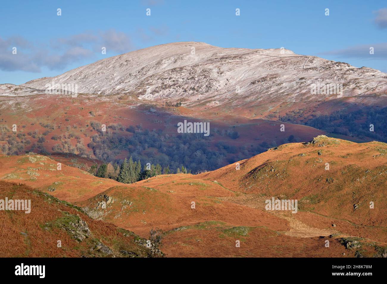 A dusting of snow on Red Screes from Loughrigg, Lake District, UK Stock Photo