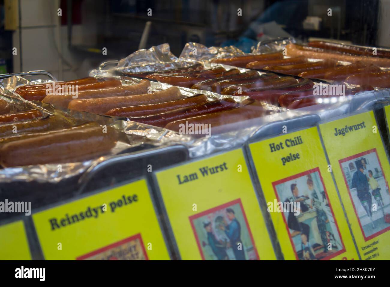 Different types of sausage for sale at sausage stall in Bergen, Norway Stock Photo