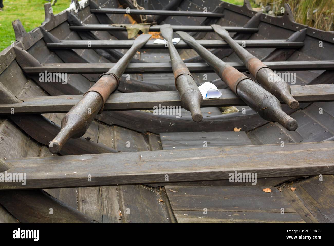 Viking ship with wooden oars Stock Photo