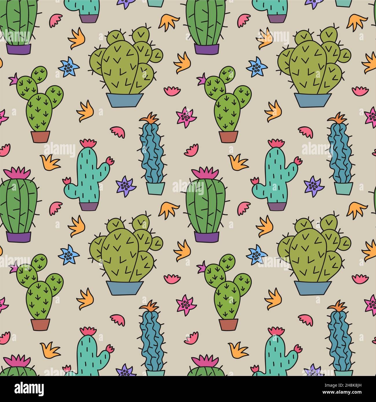 Vector seamless pattern with different cactus on beige background. Stock Vector