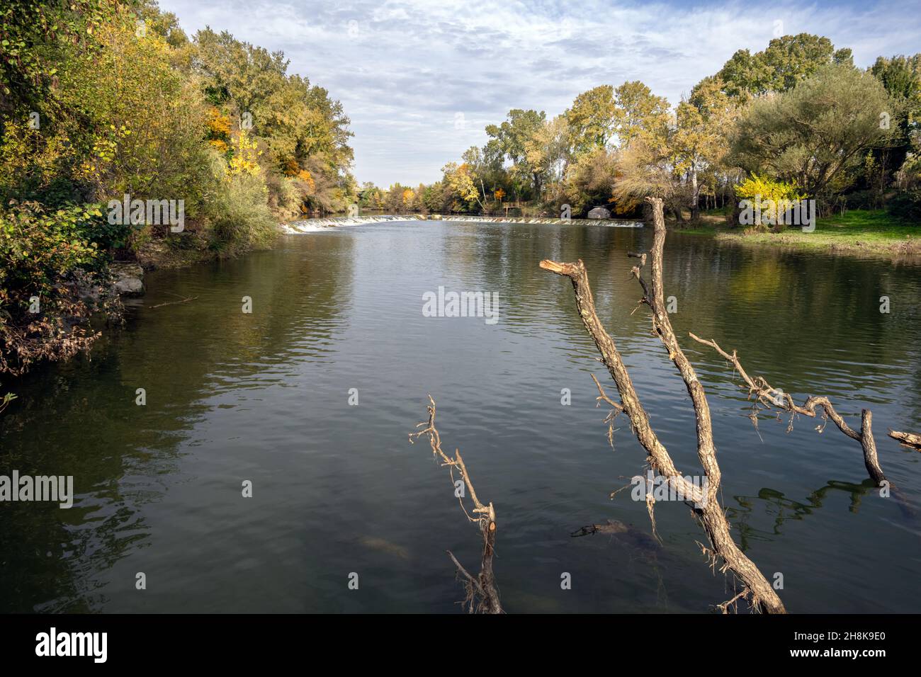 View of the river Vidourle near Sommières in Autumn, Gard, France Stock Photo