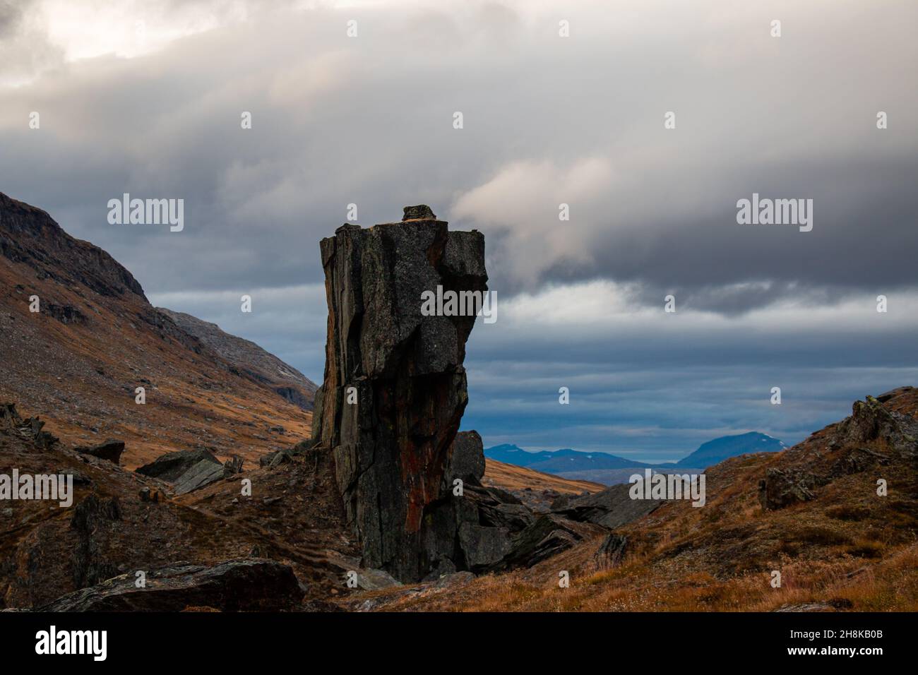 Strange rock formations on a hiking trail between Laktatjakka and Trollsjon lake, Lapland, Sweden, October 2021 Stock Photo