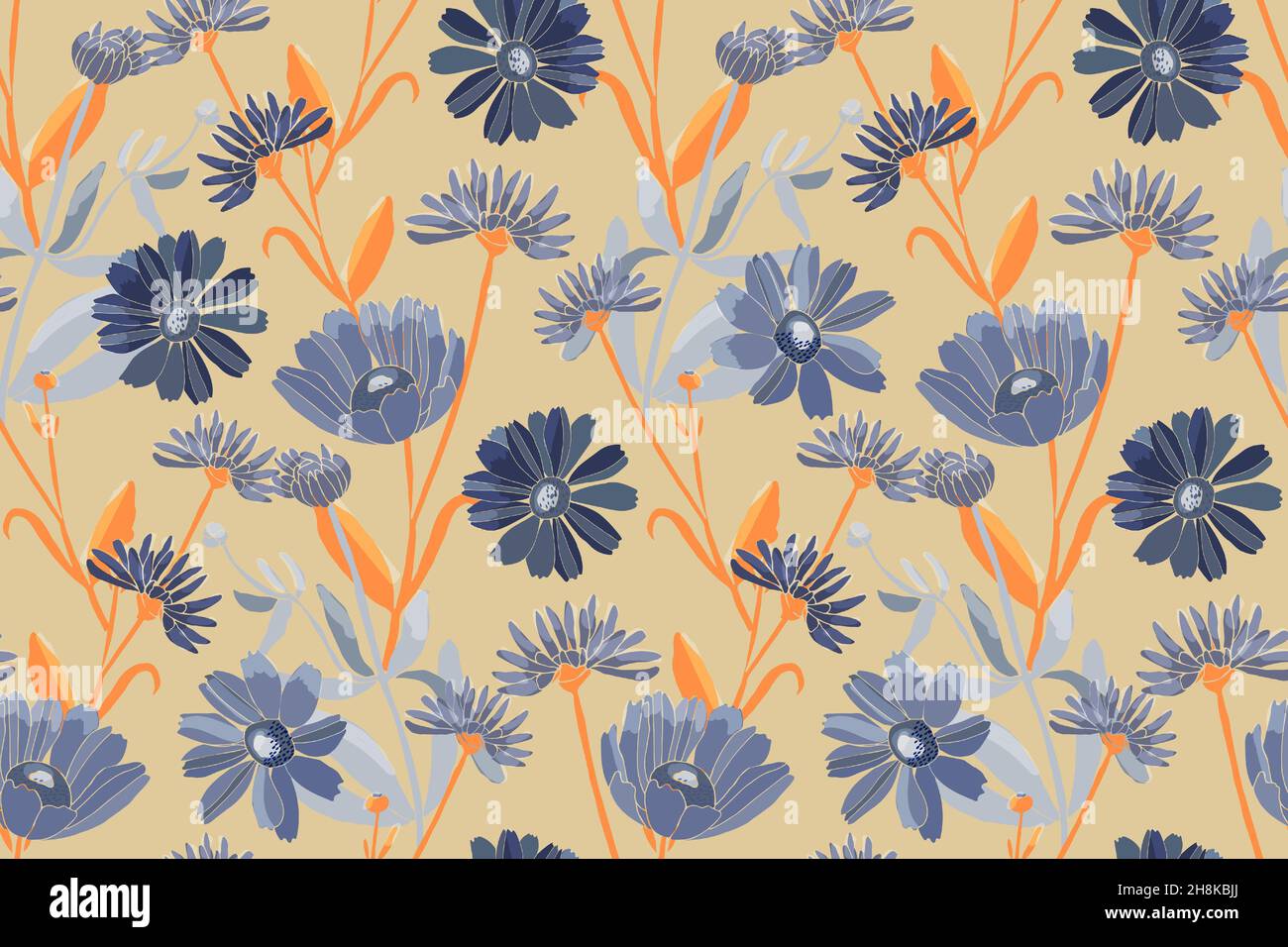 Vector floral seamless pattern. Blue flowers isolated on a beige ...