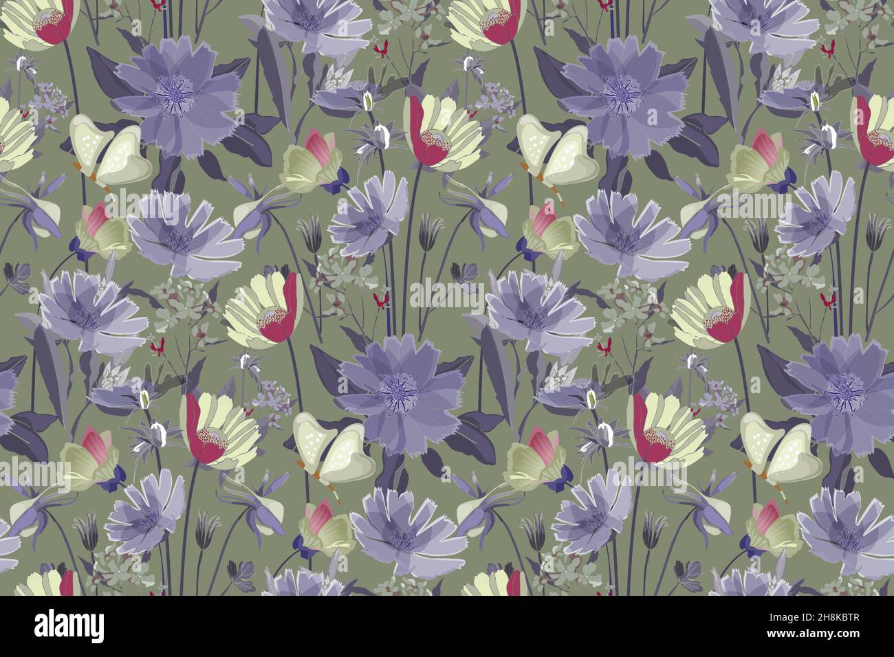 Vector floral seamless pattern. Summer flowers, blue leaves.  Stock Vector