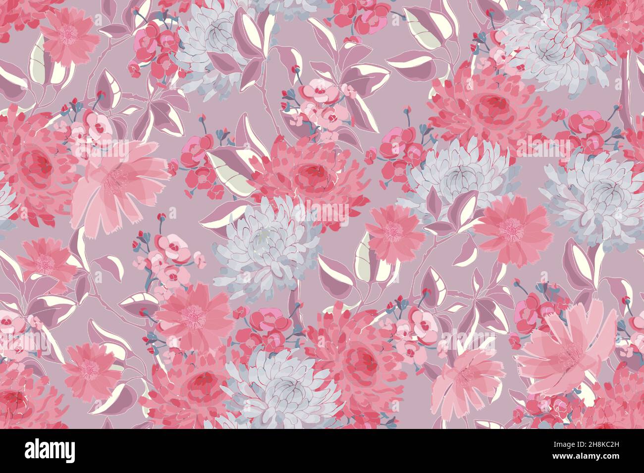 Delicate vector floral seamless pattern. Pink, grey, silver flowers. Stock Vector