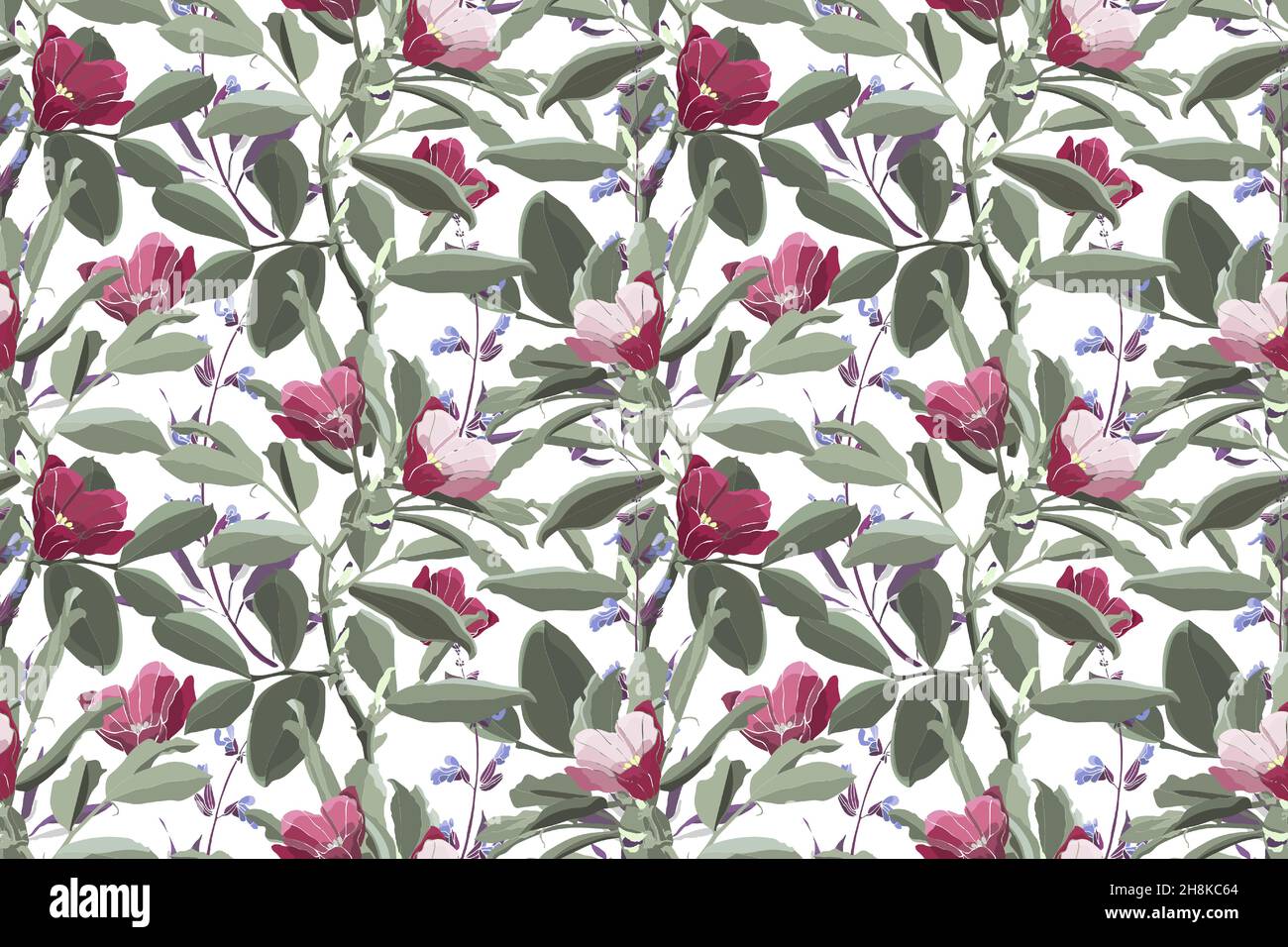 Vector floral seamless pattern. Green foliage, purple sage, pink and maroon flowers. Stock Vector