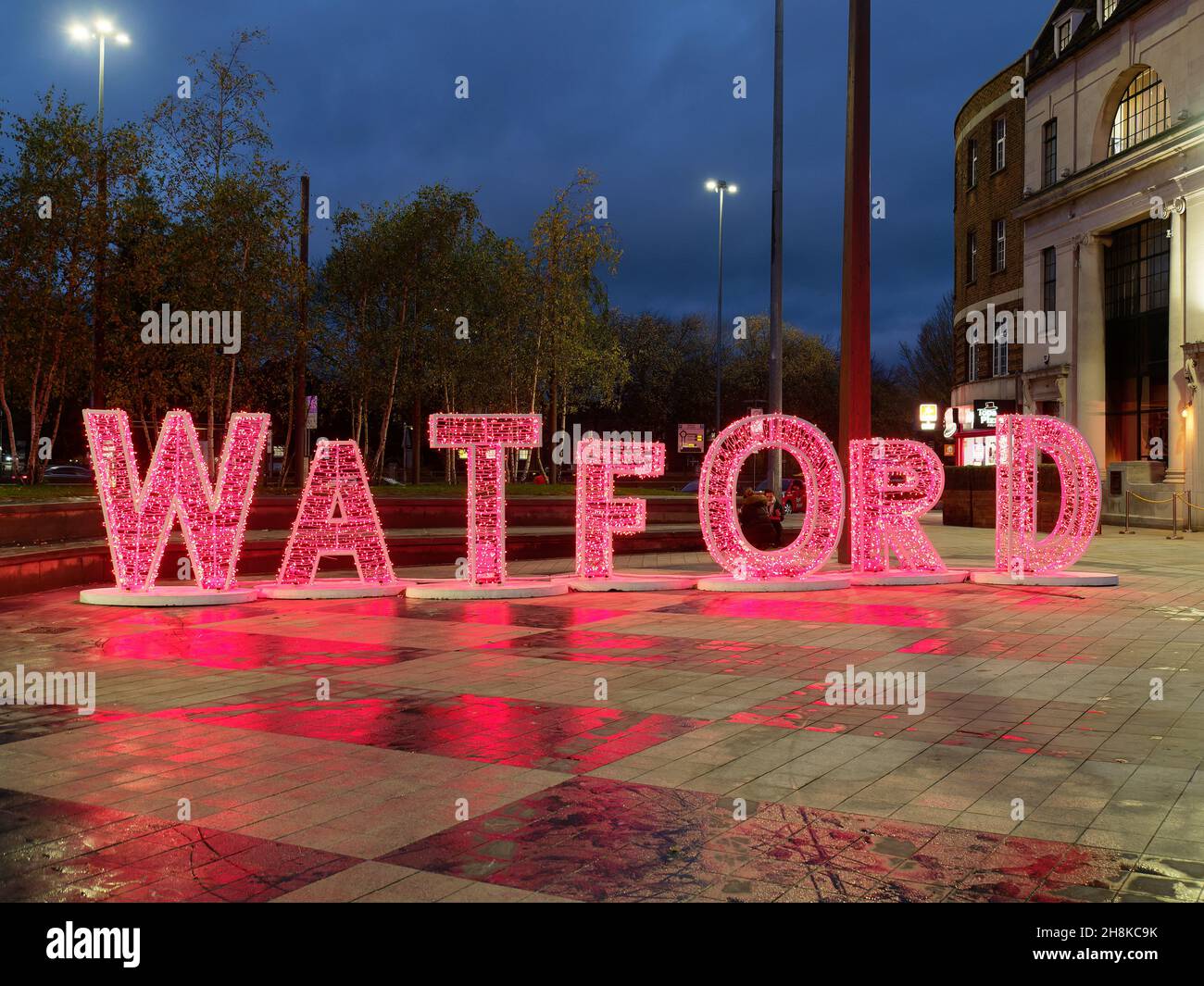 A huge Watford name sign part of the decorations at Christmas in the town centre in 2021 Stock Photo