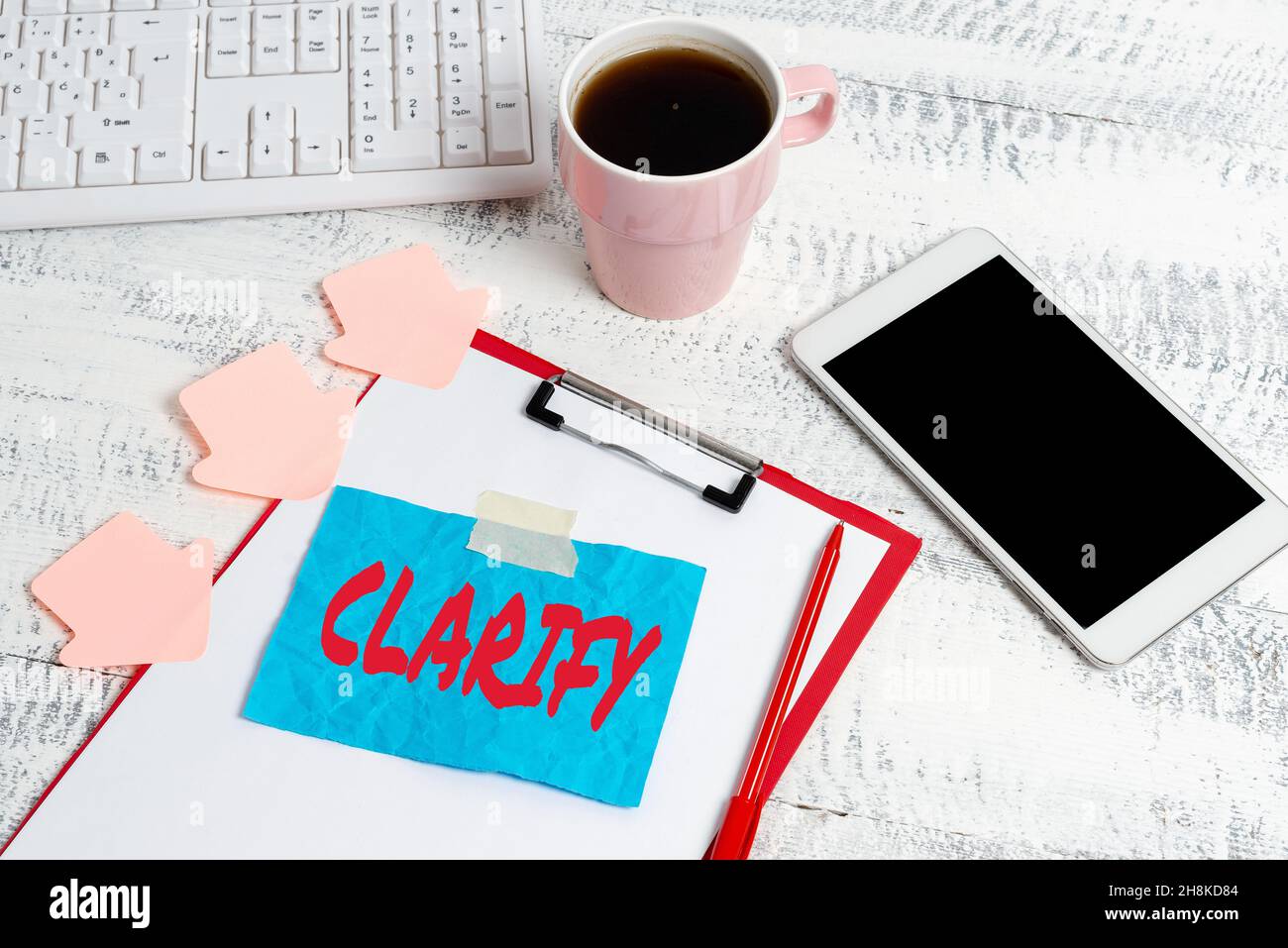 Text sign showing Clarify. Concept meaning Make a statement or situation less confused and more comprehensible Typing New Ideas Business Planning Idea Stock Photo