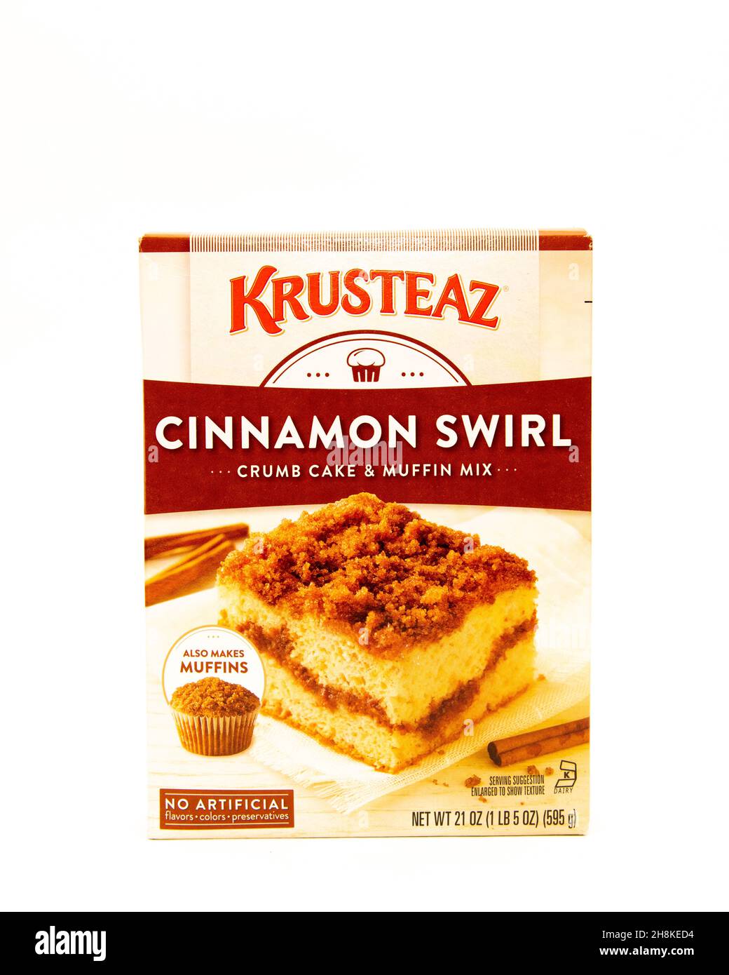 A box of Krusteaz cinnamon swirl crumb cake and muffin mix Stock Photo