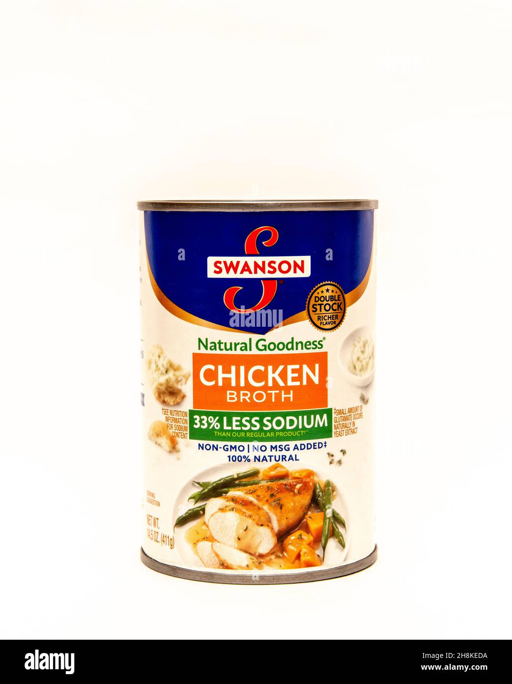 A can of Swanson Natural Goodness chicken broth with 33% less sodium Stock Photo