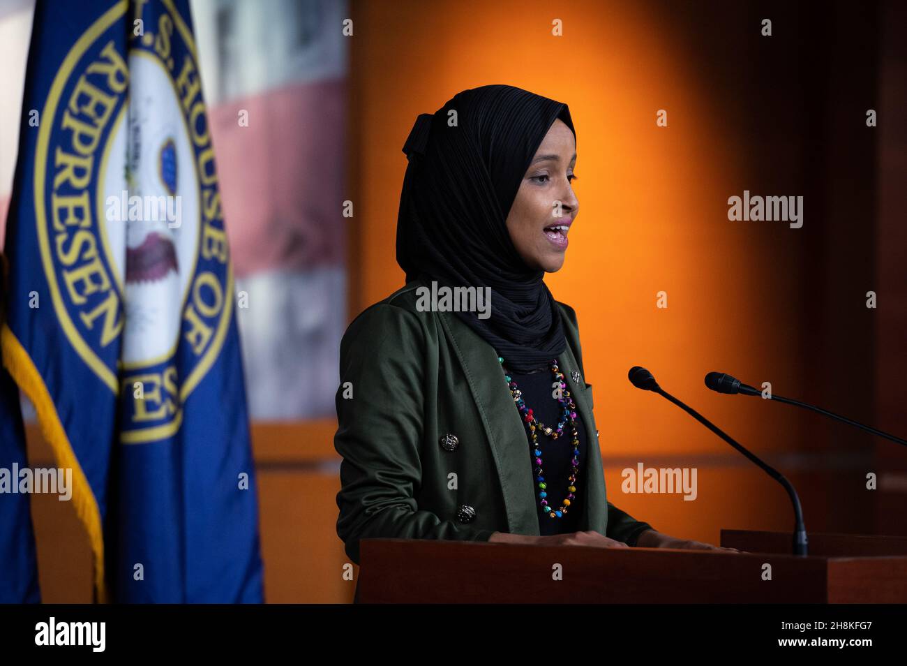 Representative Ilhan Omar (D-MN) speaks during a press conference on islamophobia, at the U.S. Capitol, in Washington, D.C., on Tuesday, November 30, 2021. Today in Congress, Treasury Secretary Janet Yellen urged lawmakers to raise the debt limit, as President Biden traveled to Minnesota to speak about infrastructure at a technical college. (Graeme Sloan/Sipa USA) Stock Photo