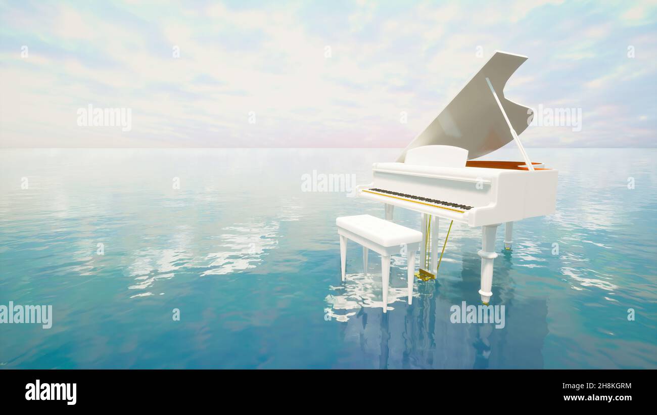 Surreal sea scene with white piano on the water at dusk with blue tones. 3d illustration. Stock Photo