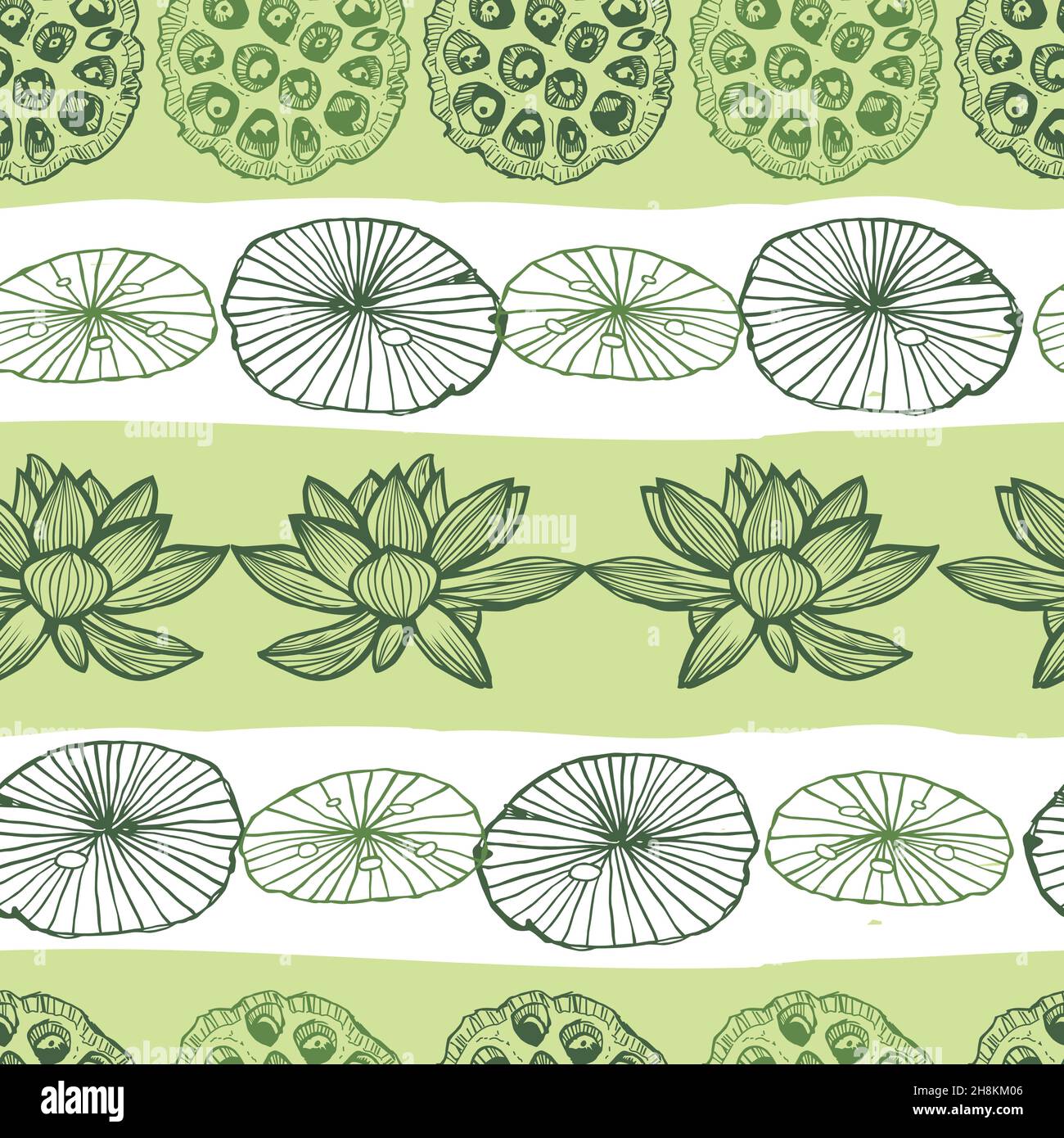 Vector green rows of lotus flower, leaf and seed pods stripes 02 repeat