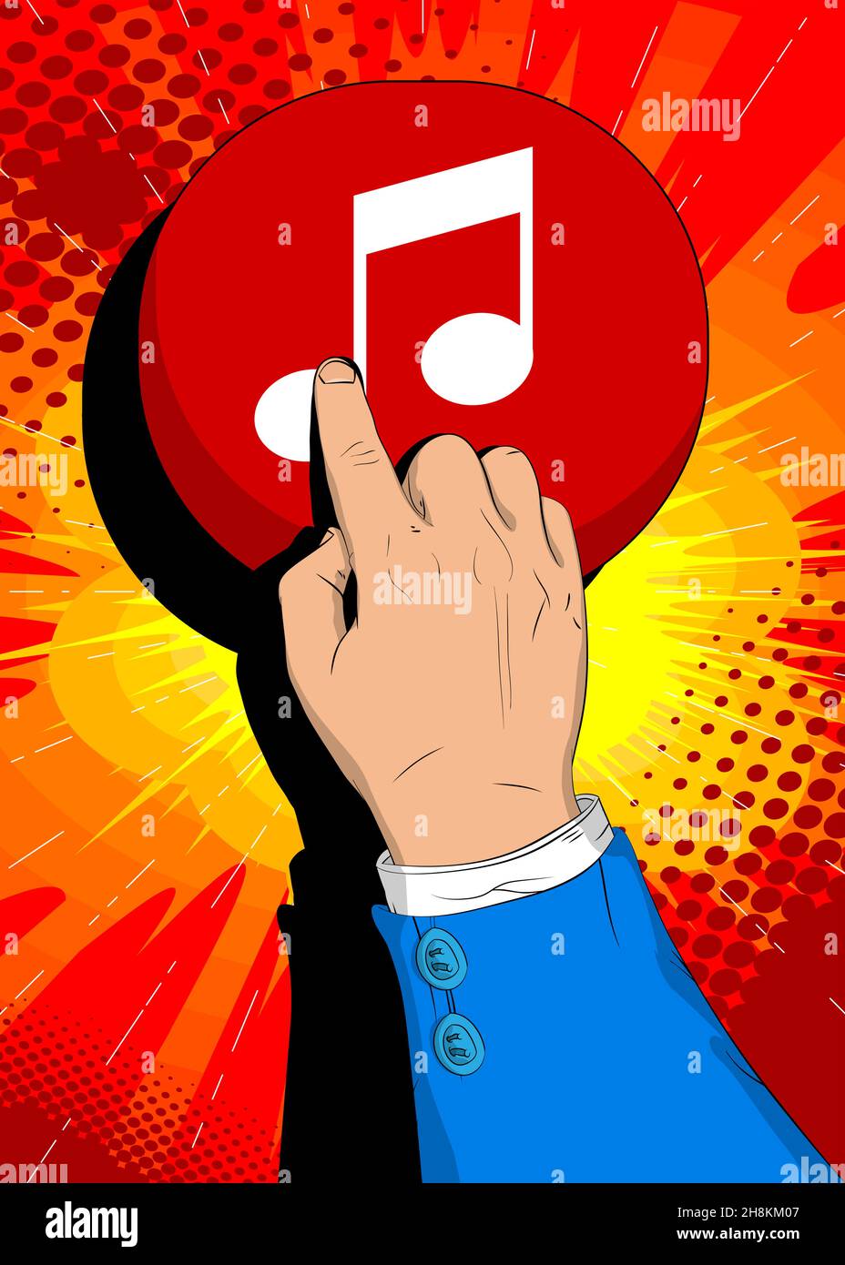 Businessman pushing Music Note icon button with his index finger. Comic ...