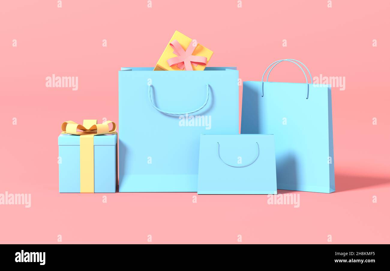 Shopping bags and gifts with pink background, 3d rendering. Computer ...