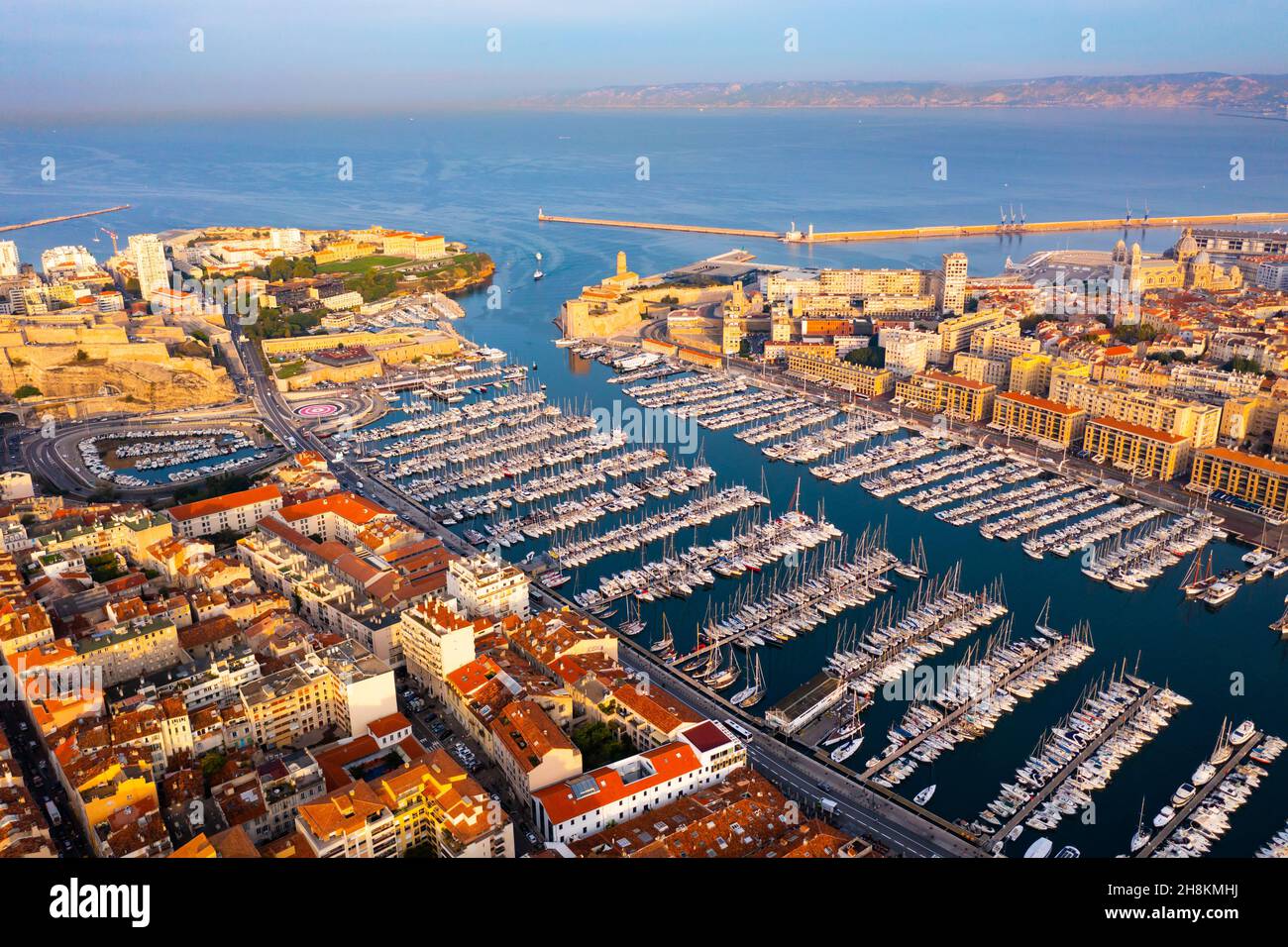Drone view of Marseille on Mediterranean coast overlooking Old Port Stock Photo
