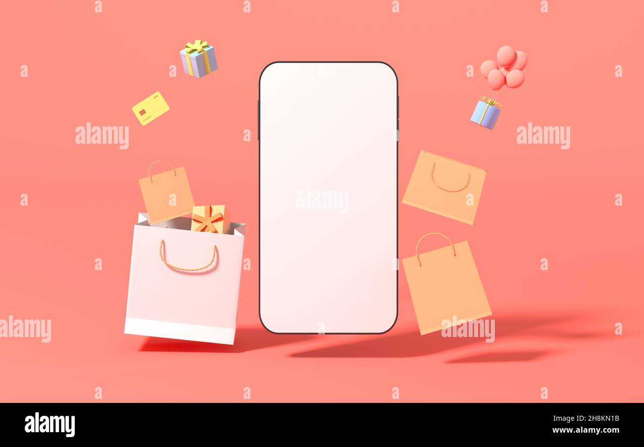 Empty phone and shopping bags with pink background, 3d rendering ...