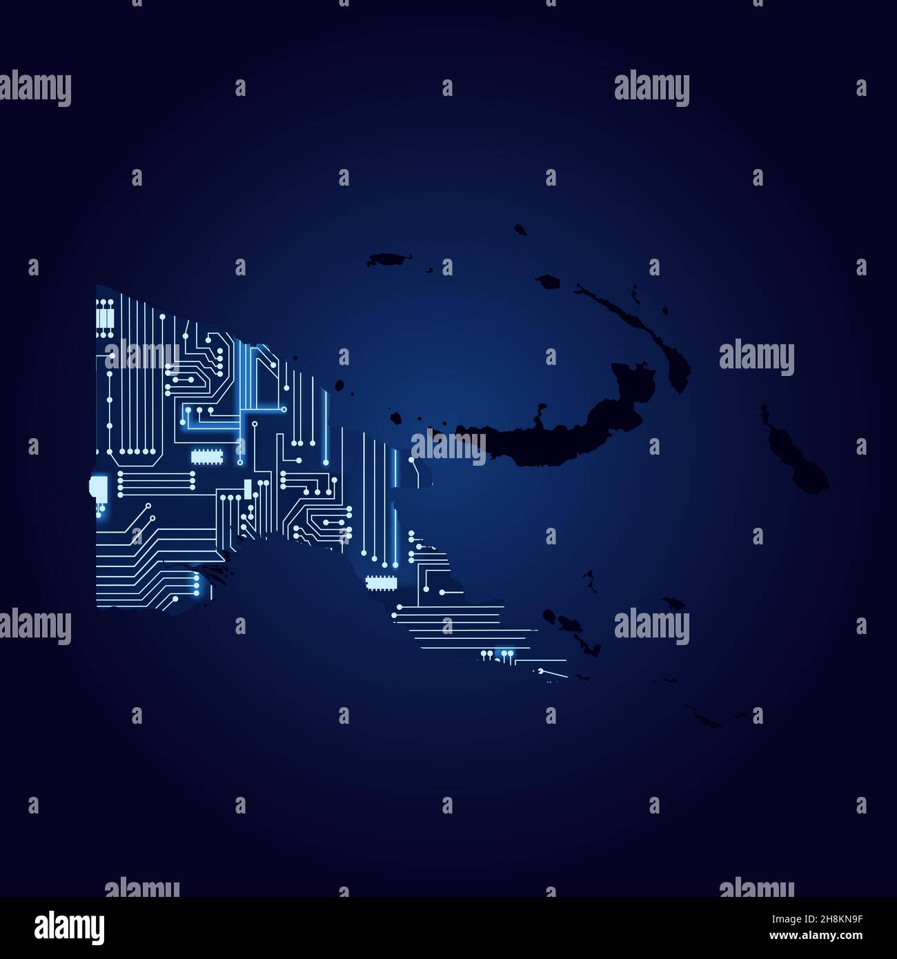 Contour map of Papua New Guinea with a technological electronics circuit. Stock Vector