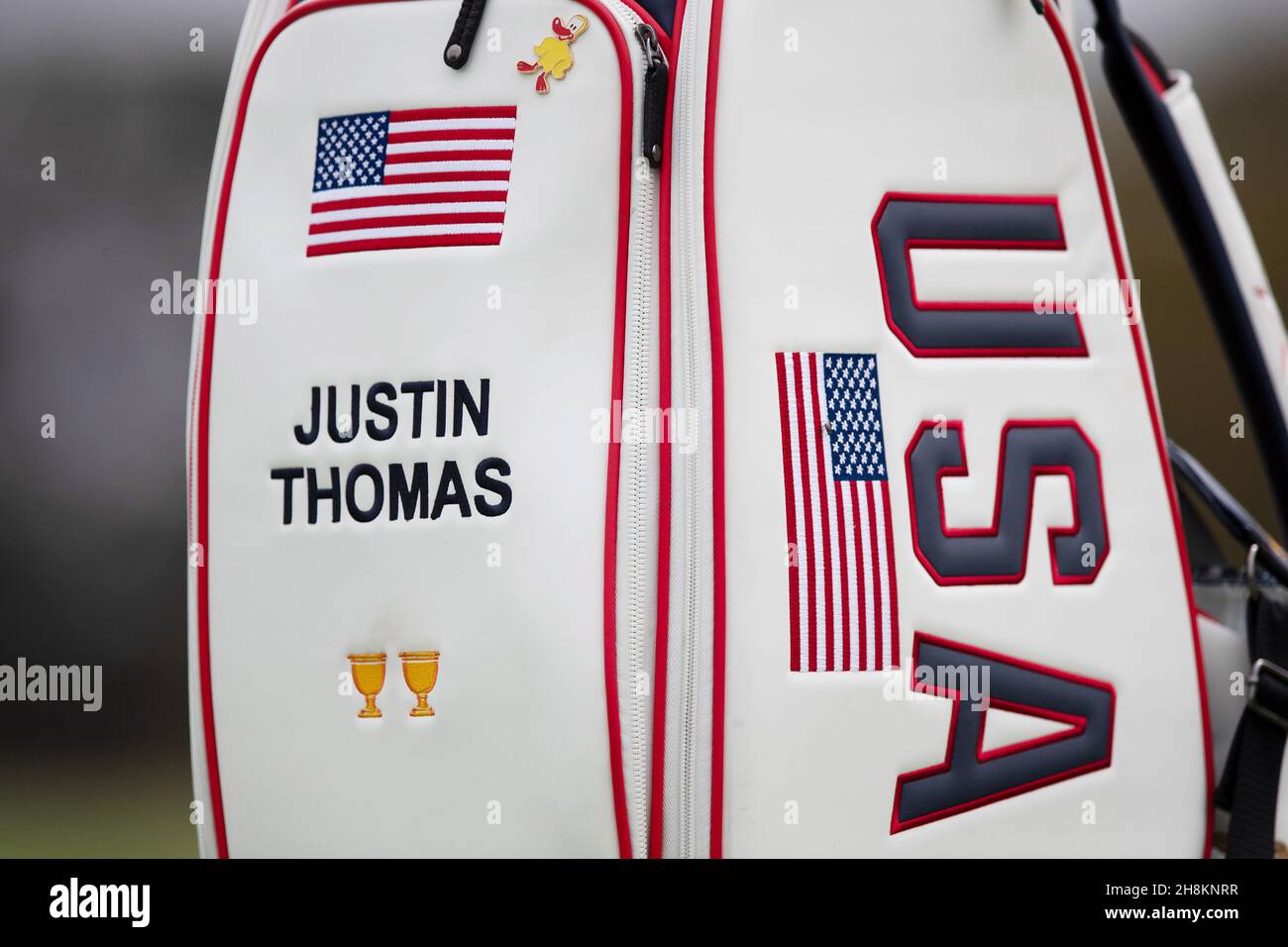 Justin Thomas of team USA golf bag during The Presidents Cup practice