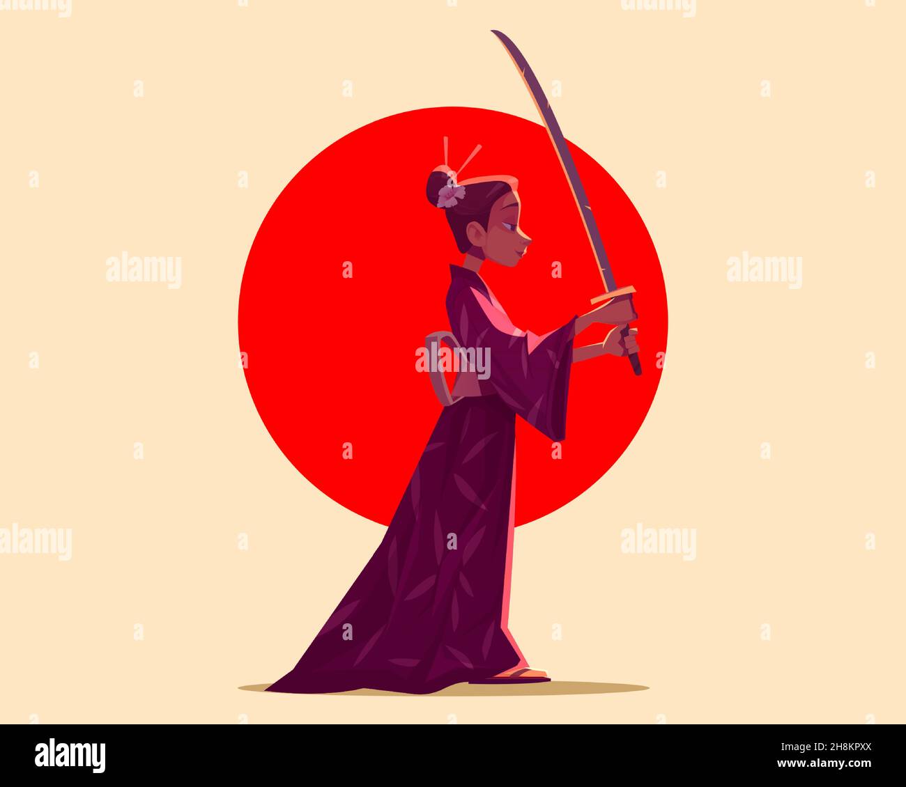 Japanese geisha wear kimono holding samurai sword katana stand at red sun background. asian sunset concept with traditional female character of Japan, isolated mascot, Cartoon vector illustration Stock Vector
