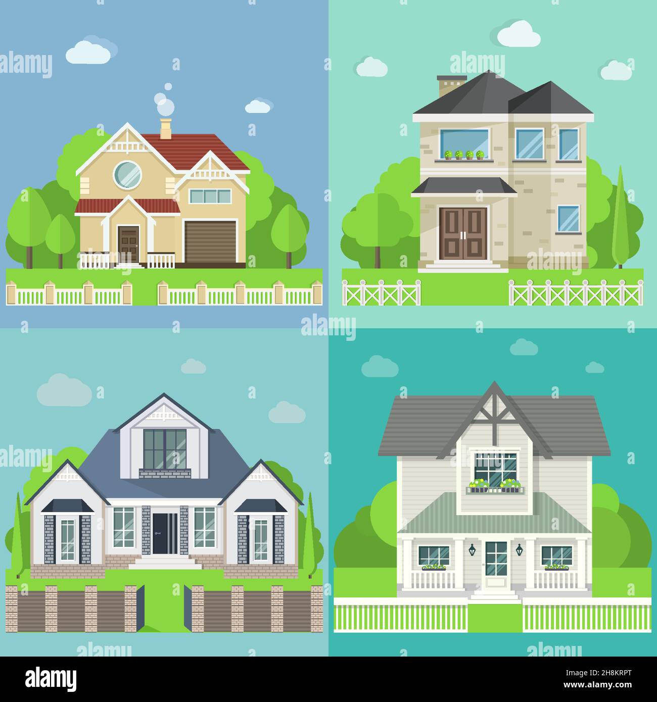 set of four cute houses with trees. Vector flat design Stock Vector