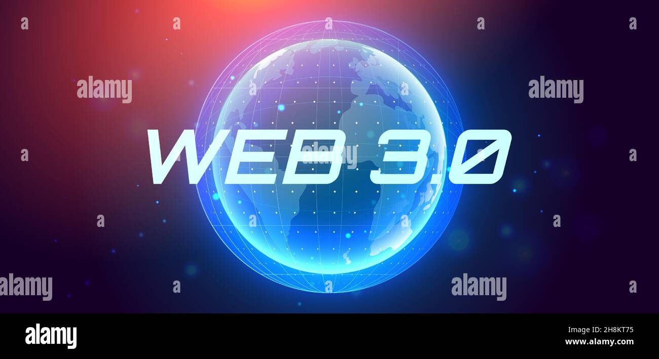 Web 3.0 text on hologram planet earth. New version of the website using blockchain technology, cryptocurrency, and NFT art. Vector banner. Stock Vector