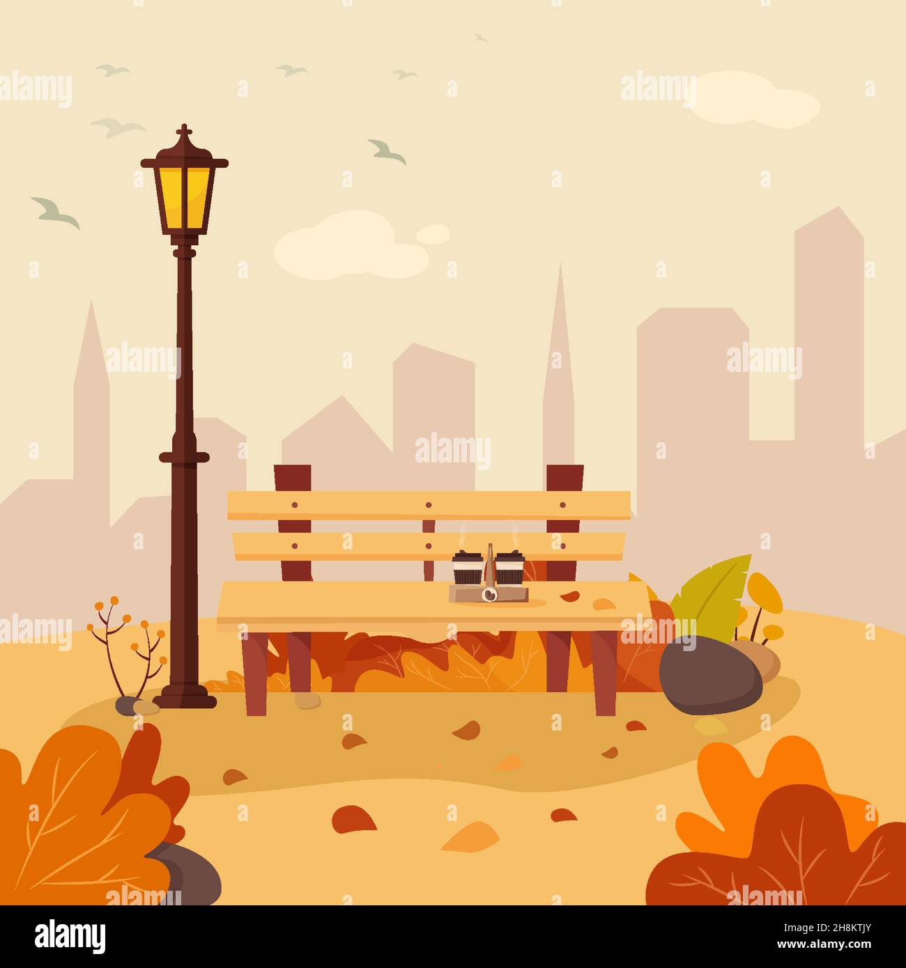 Vector illustration of a beautiful autumn city park with town building ...