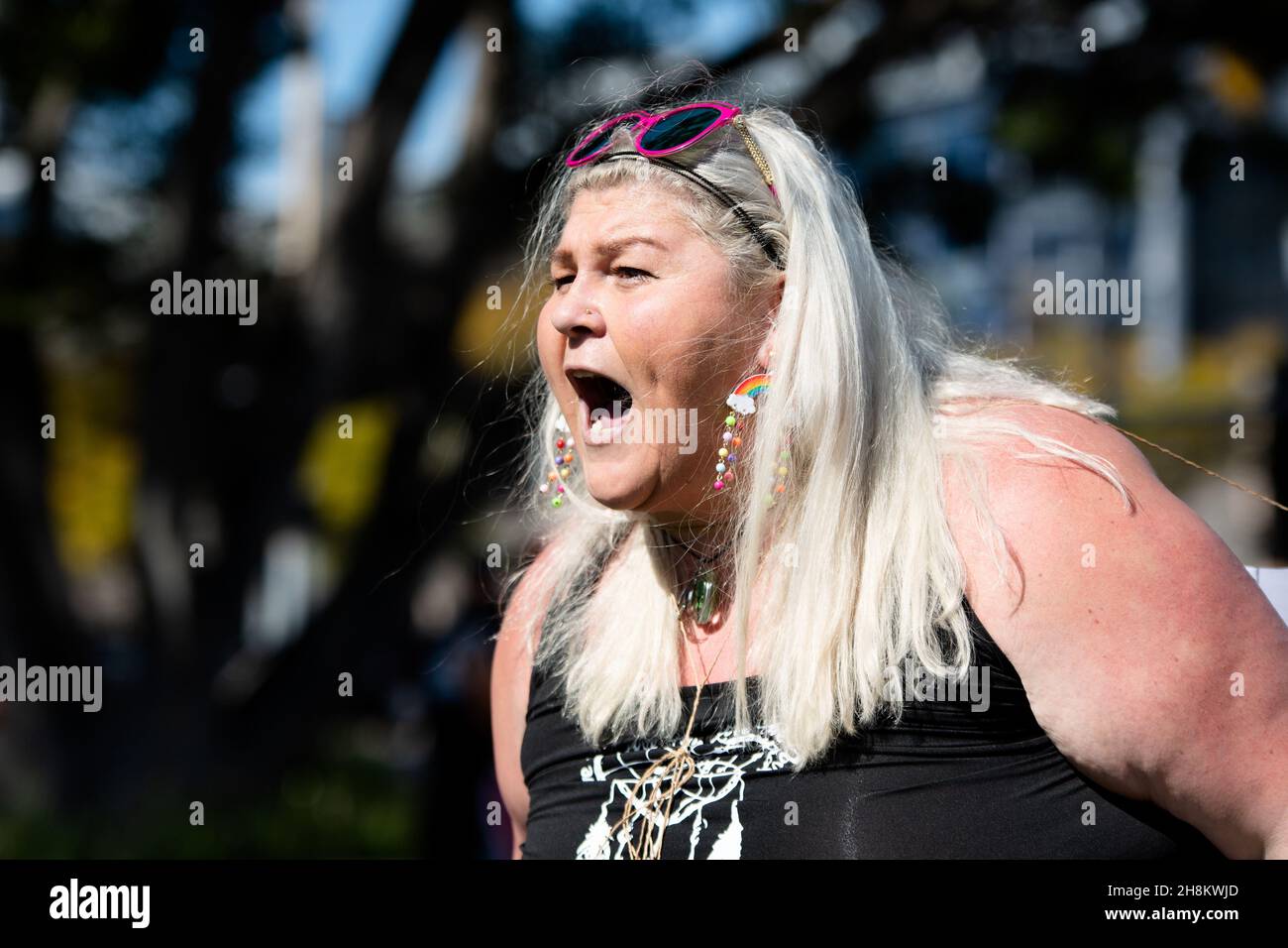 A woman yells out during the Freedom Day Rally on September 05, 2020 in Sydney, Australia. Protesters argue COVID-19 is a hoax and say their freedoms are being unfairly impinged. Demonstrations are also taking place in every Australian capital city and several regional areas, including Byron Bay. Credit: Speed Media/Alamy Live News Stock Photo
