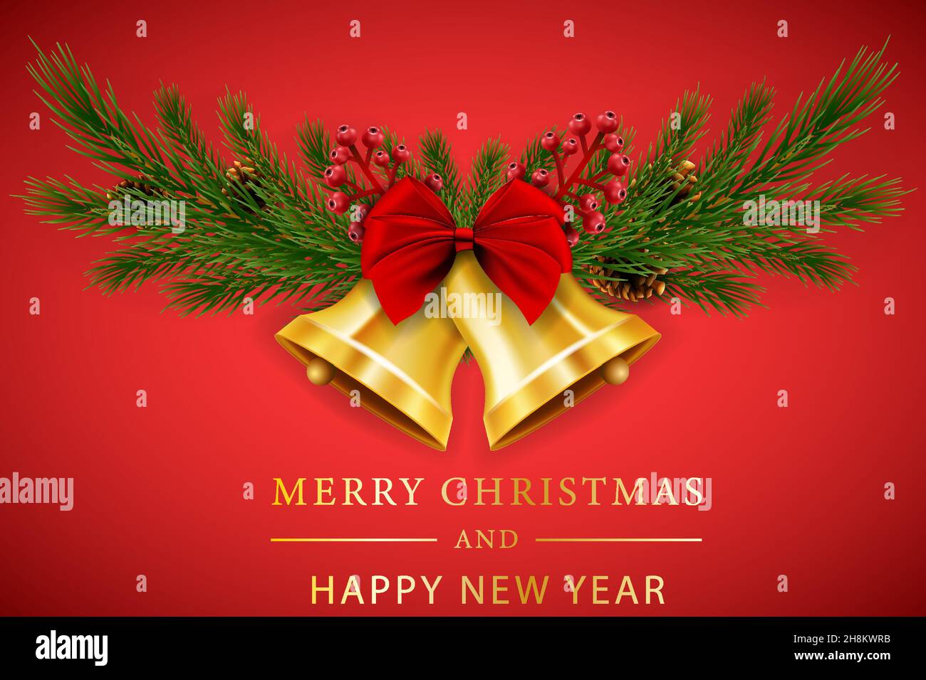 Christmas bells with red ribbon and fir branches Stock Vector Image ...