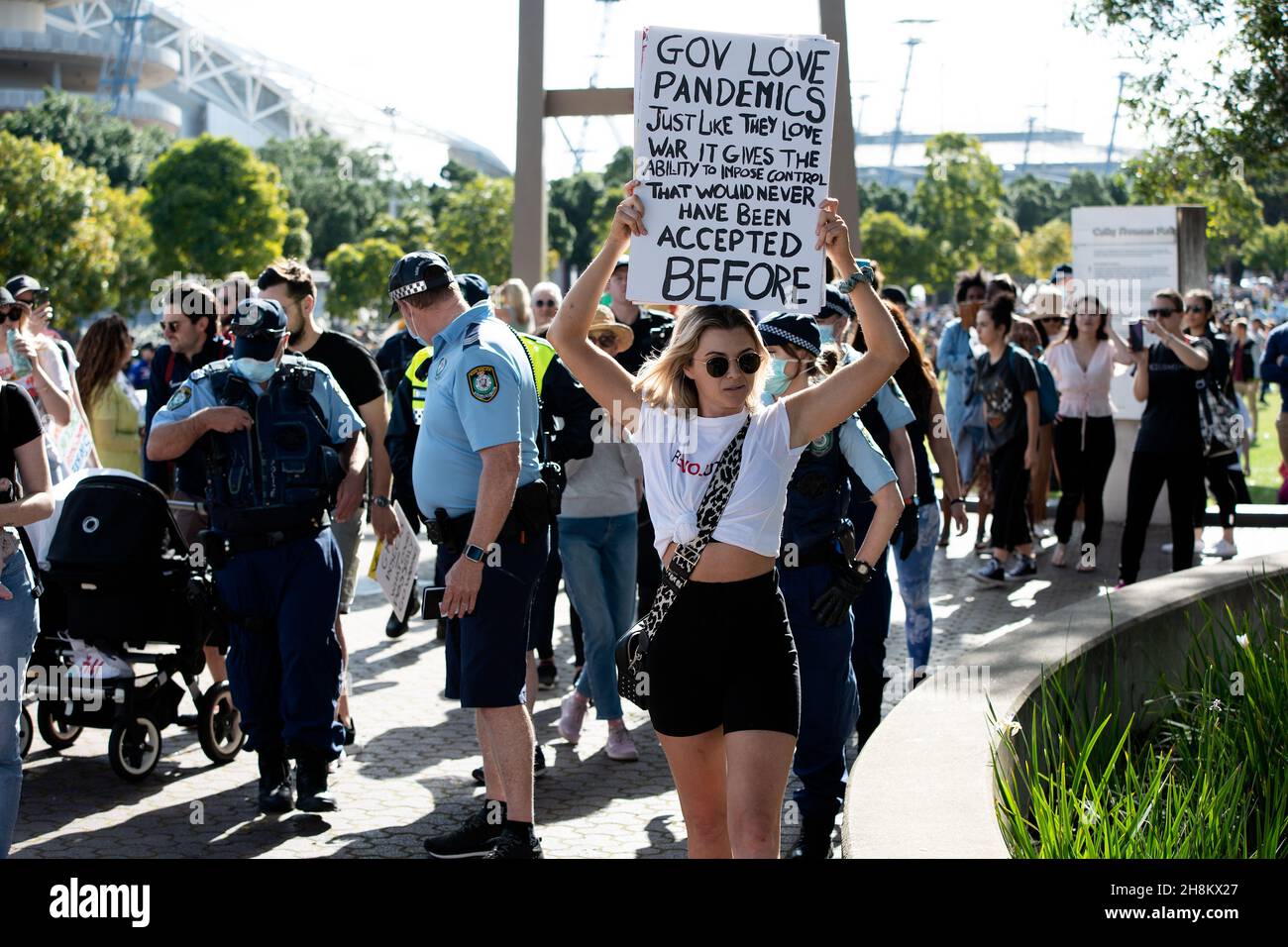 A woman is asked to leave the area during the Freedom Day Rally on September 05, 2020 in Sydney, Australia. Protesters argue COVID-19 is a hoax and say their freedoms are being unfairly impinged. Demonstrations are also taking place in every Australian capital city and several regional areas, including Byron Bay. Credit: Speed Media/Alamy Live News Stock Photo