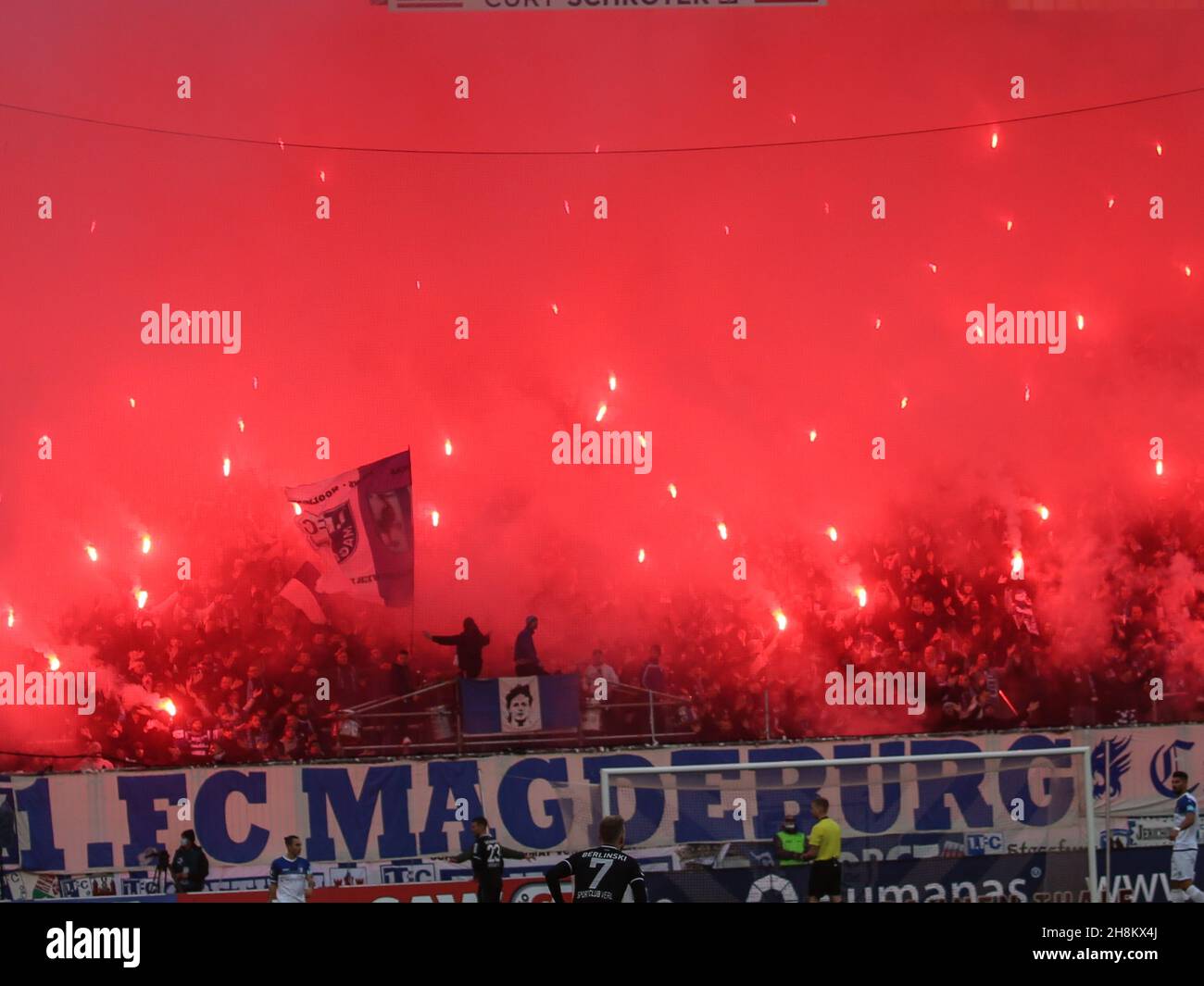 Pyro In Block U Fans Of 1.FC Magdeburg In The Game 1. FC Magdeburg Vs. SC Verl DFB Soccer 15th Matchday 3rd League Season 2021-2022 On November 7th, 2 Stock Photo