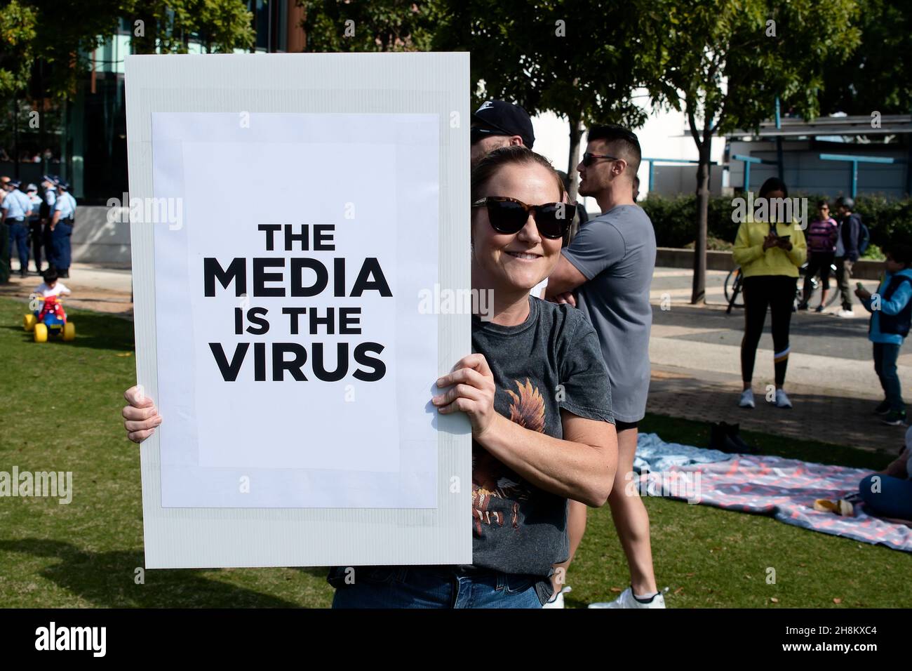 A protester poses with a sign during the Freedom Day Rally on September 05, 2020 in Sydney, Australia. Protesters argue COVID-19 is a hoax and say their freedoms are being unfairly impinged. Demonstrations are also taking place in every Australian capital city and several regional areas, including Byron Bay. Credit: Speed Media/Alamy Live News Stock Photo