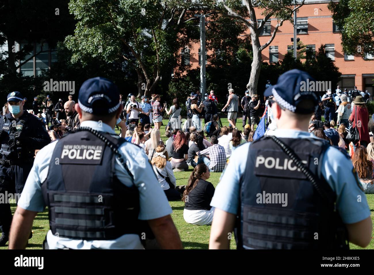 A heavy police presence during the Freedom Day Rally on September 05, 2020 in Sydney, Australia. Protesters argue COVID-19 is a hoax and say their freedoms are being unfairly impinged. Demonstrations are also taking place in every Australian capital city and several regional areas, including Byron Bay. Credit: Speed Media/Alamy Live News Stock Photo
