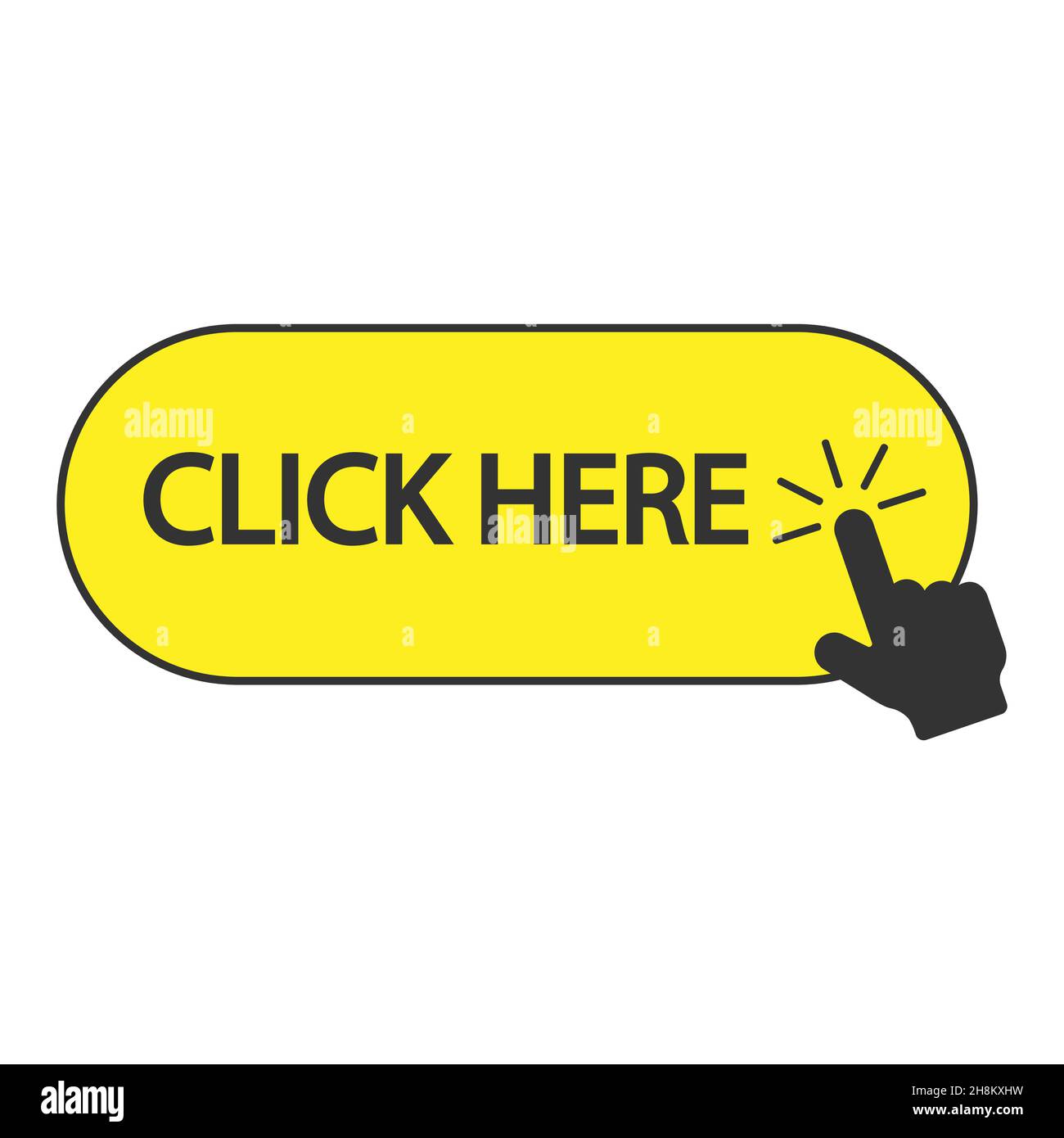 Click here button with hand pointer clicking. Stock Vector