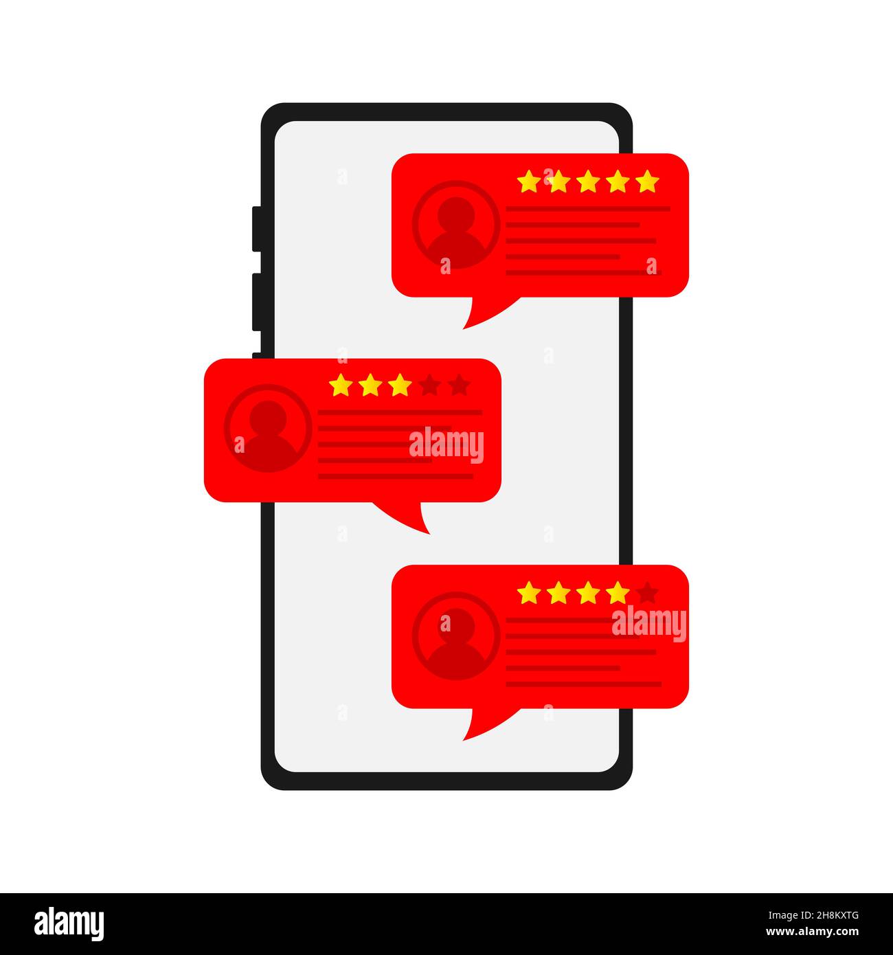 Review rating bubble speeches on mobile phone vector illustration, flat style smartphone reviews stars with good and bad rate and text, concept of tes Stock Vector