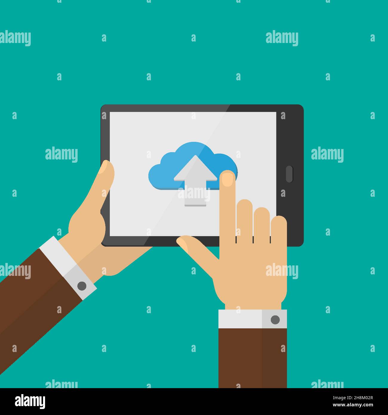 Hands holding white tablet with cloud icon flat style Stock Vector