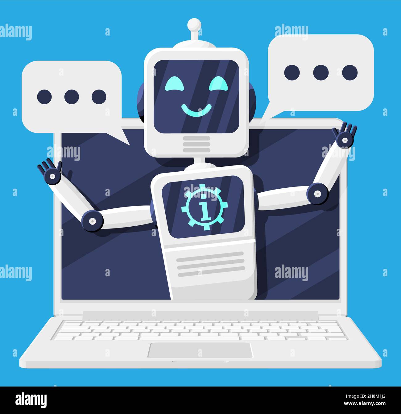 Laptop with Chat Bot Speak in Bubble on Screen. Stock Vector