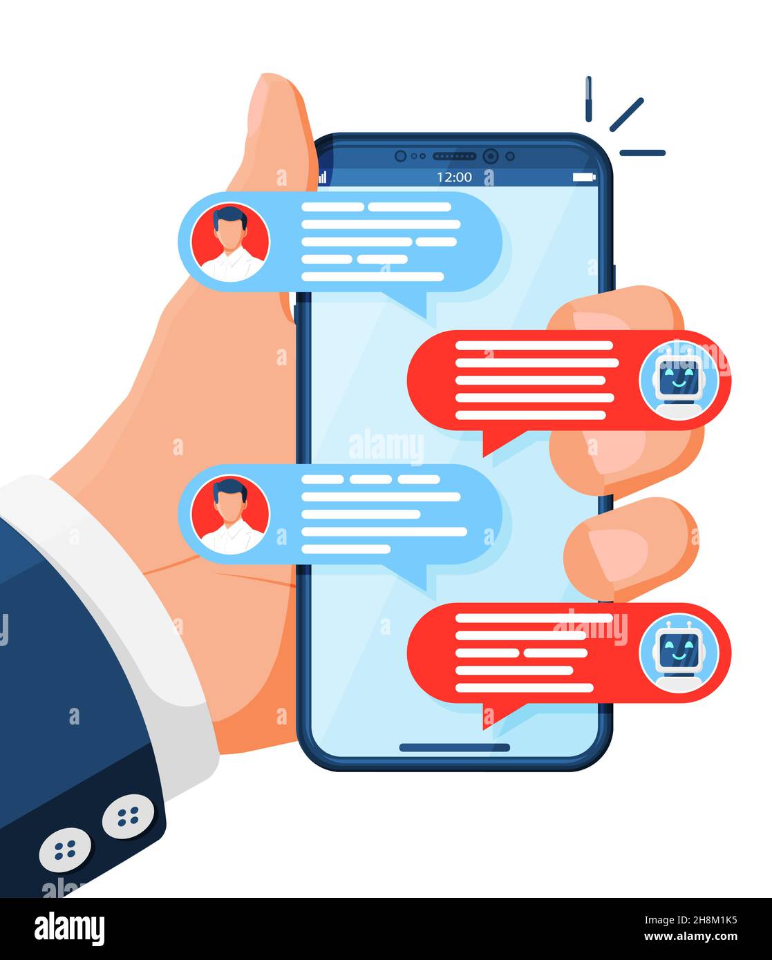 Chatting on Smartphone with Chat Bot Robot Stock Vector