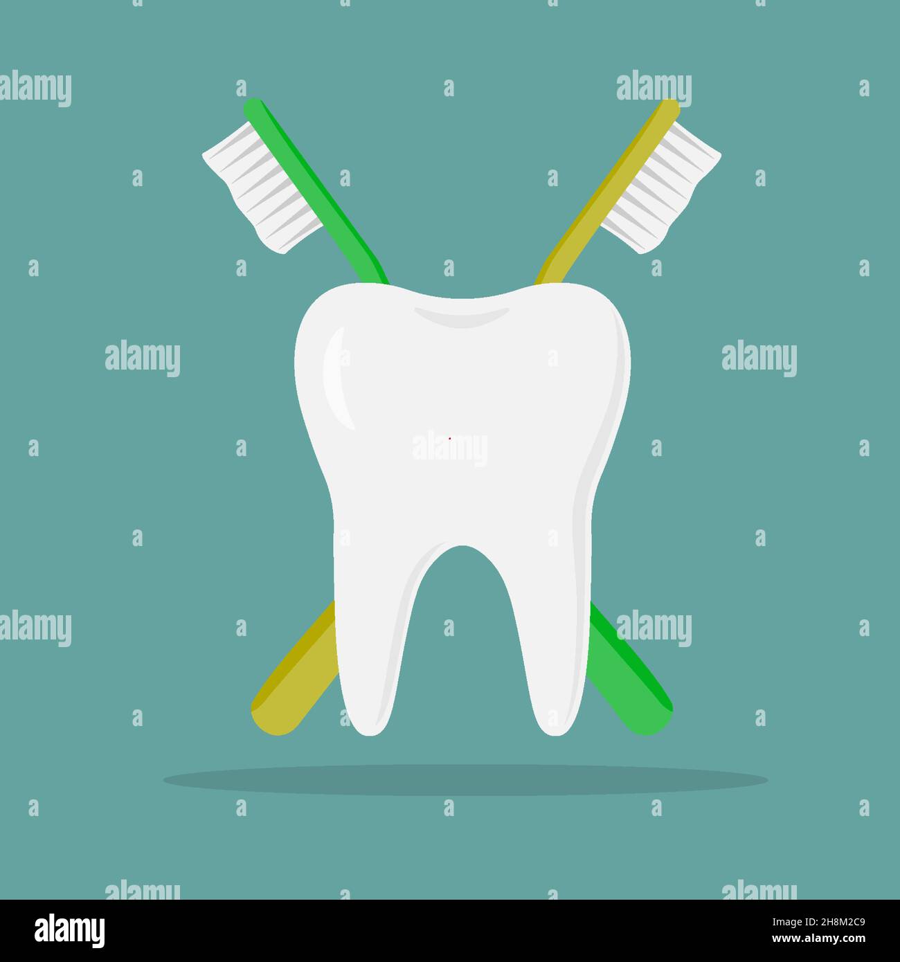tooth with toothbrush .Vector modern flat style illustration.Isolated blue background. Stock Vector