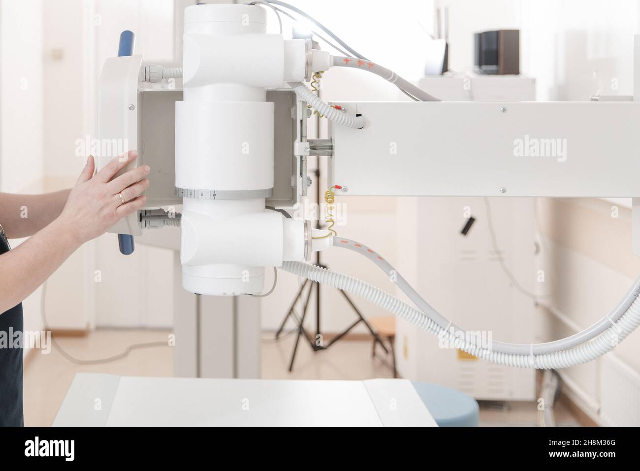 Xray department in modern hospital. Radiology room with scan machine