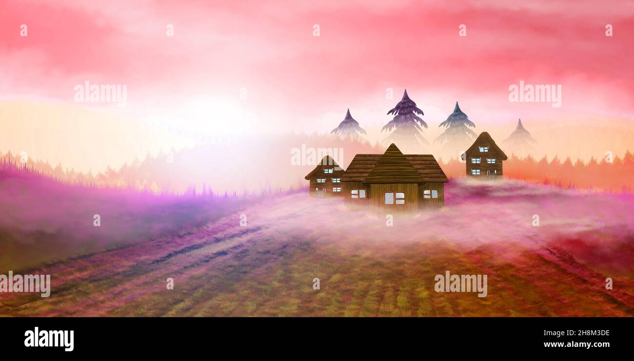Pink sunrise and fog in a small village. Digital art. Stock Photo