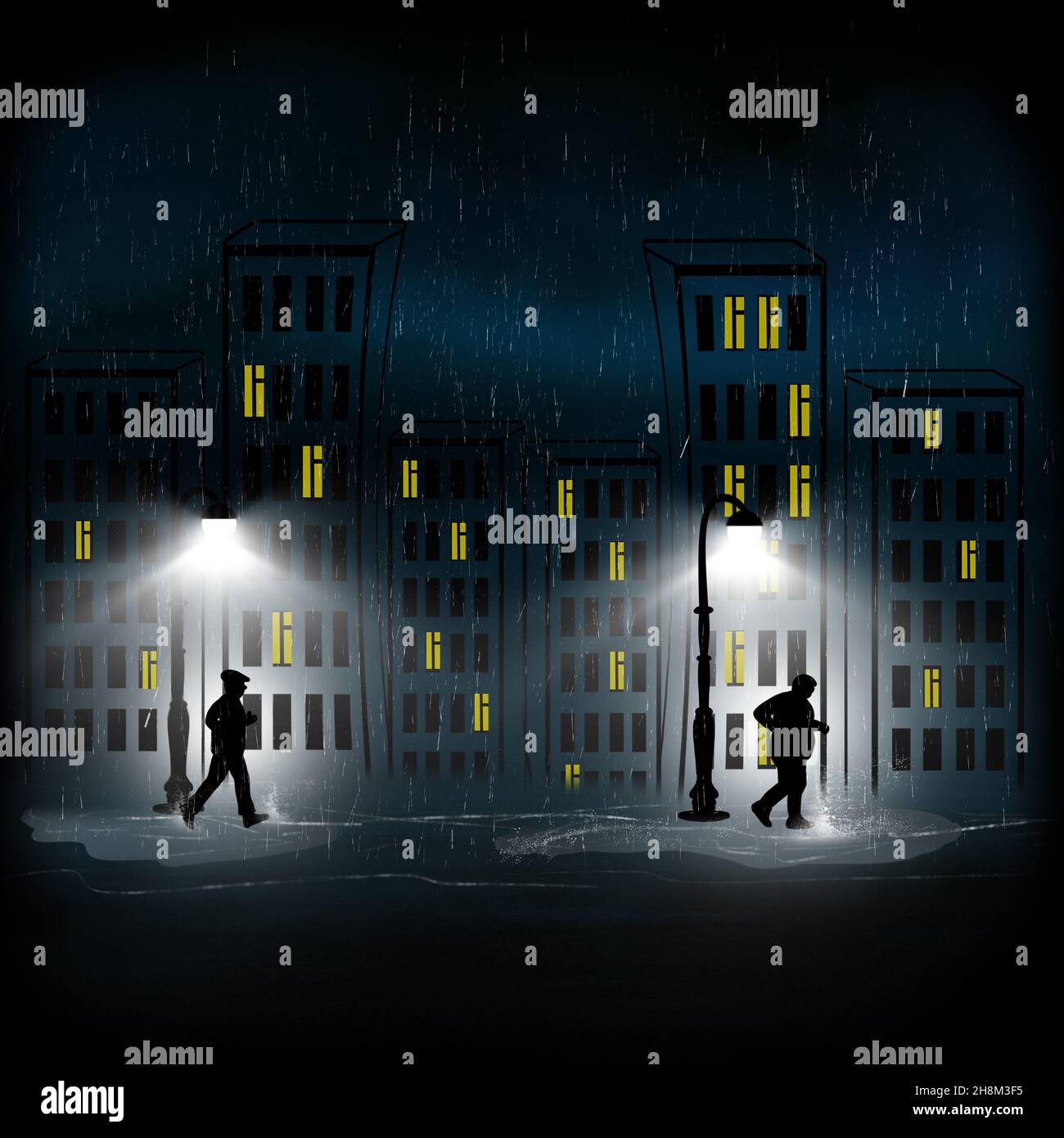 Two people run through puddles in the rain. Night city, rain and two people in the light of lanterns. Illutration. Stock Photo