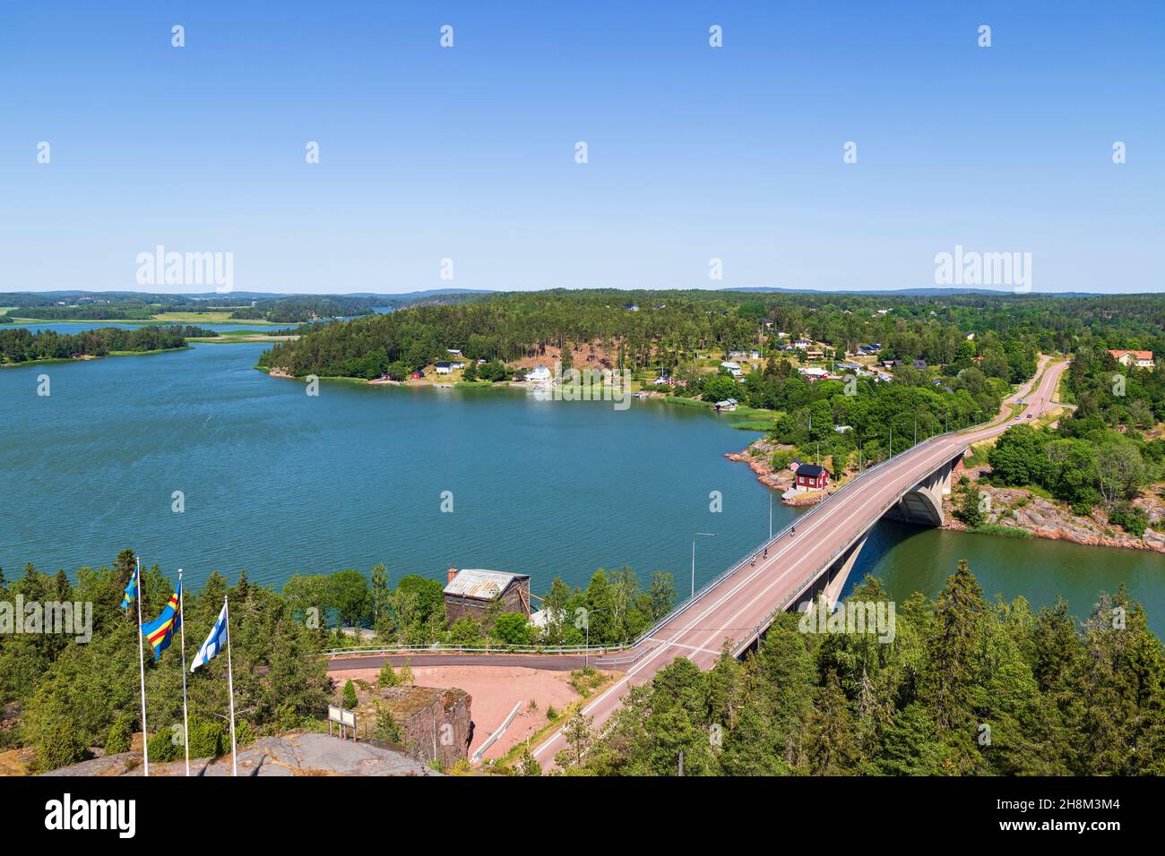 Scenic view of sea and lush shoreline from above in Åland Islands, Finland, on a sunny day in the summer. Stock Photo