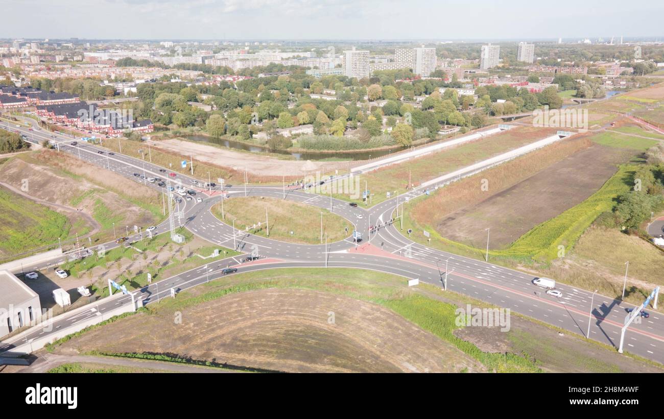 Hyperlapse of a traffic intersection, connecting the Gaasperdammertunnel, the A9 Highway and Holendrecht, next to the Gaasperpark Stock Photo