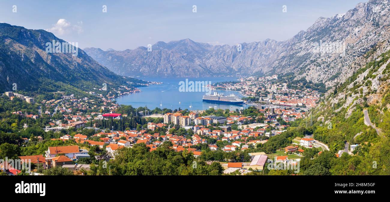 View to Kotor Bay with cruise ship from above. Stock Photo