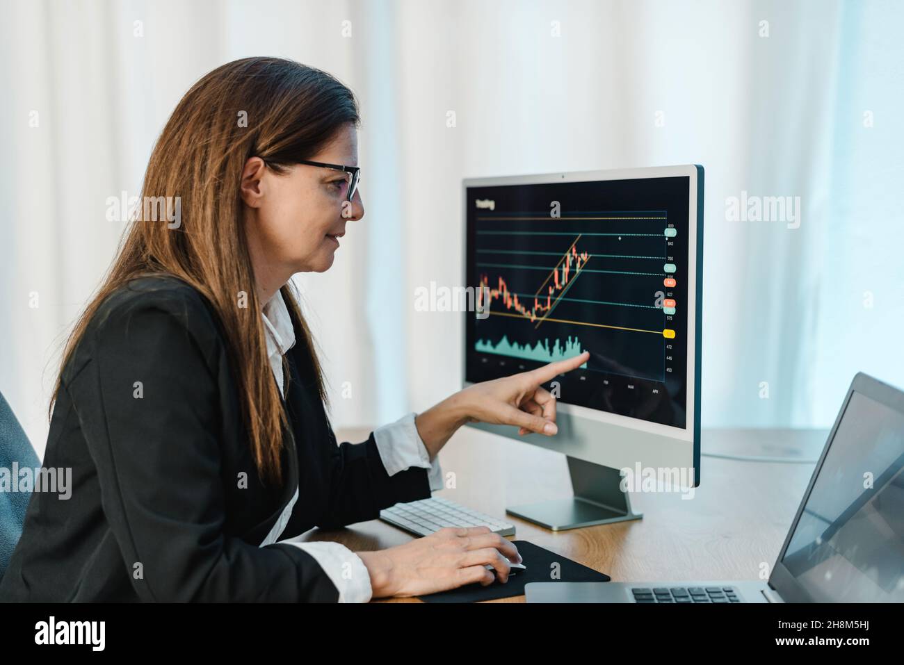 Female trader working with chart on computer monitor Stock Photo