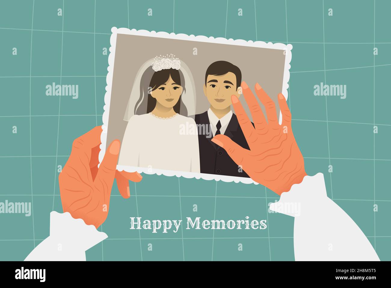 Old vintage wedding photo in the wrinkled hands of an elderly woman. Happy memories concept. Retro photo. Flat retro style vector illustration Stock Vector