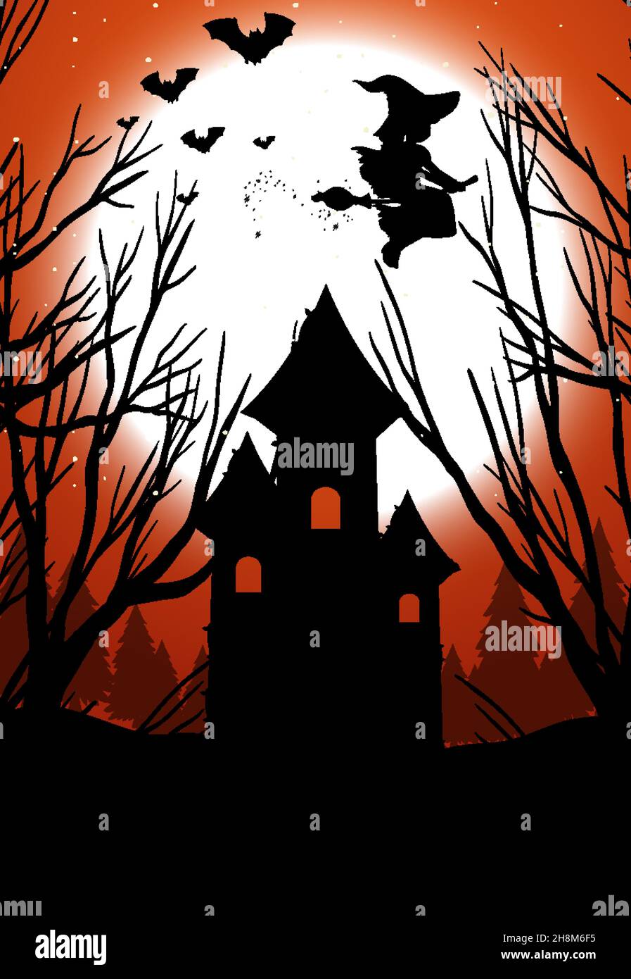 Halloween night background with witch silhouette illustration Stock ...